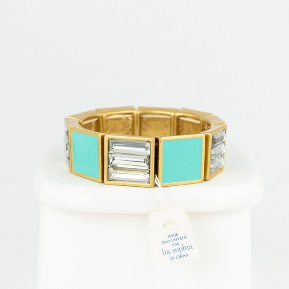 Turquoise Enamel Cut Crystal Stretch Bracelet Gold Tone Lia Sophia Designer Line - Picture 3 of 5